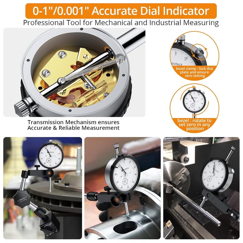 Neoteck Dial Indicator 0-1”/0.001” with 90lbs/40kg Magnetic Base,Imperial Dial Test Indicator Gauge Set for Lathe,3D Printer,CNC,Automobile,Laboratory - Image 2